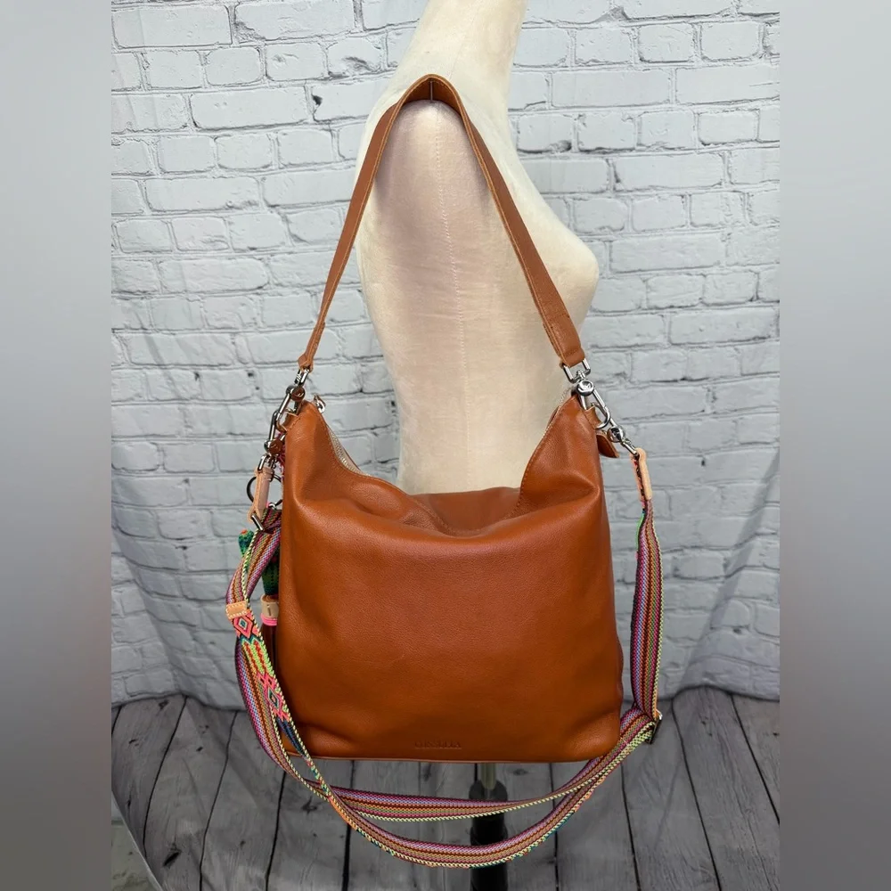 Consuela Brown Leather Hobo with Pink & Orange Accent Strap - Picture 2 of 8